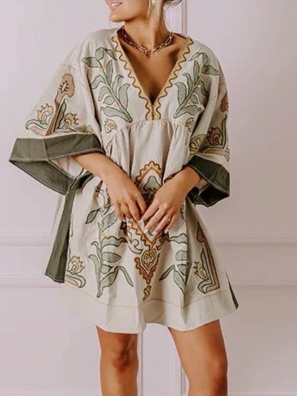 SUNDAYUP Babydoll Tunic Dress with Floral Embroidery V-Neck Cream & Sage Large
